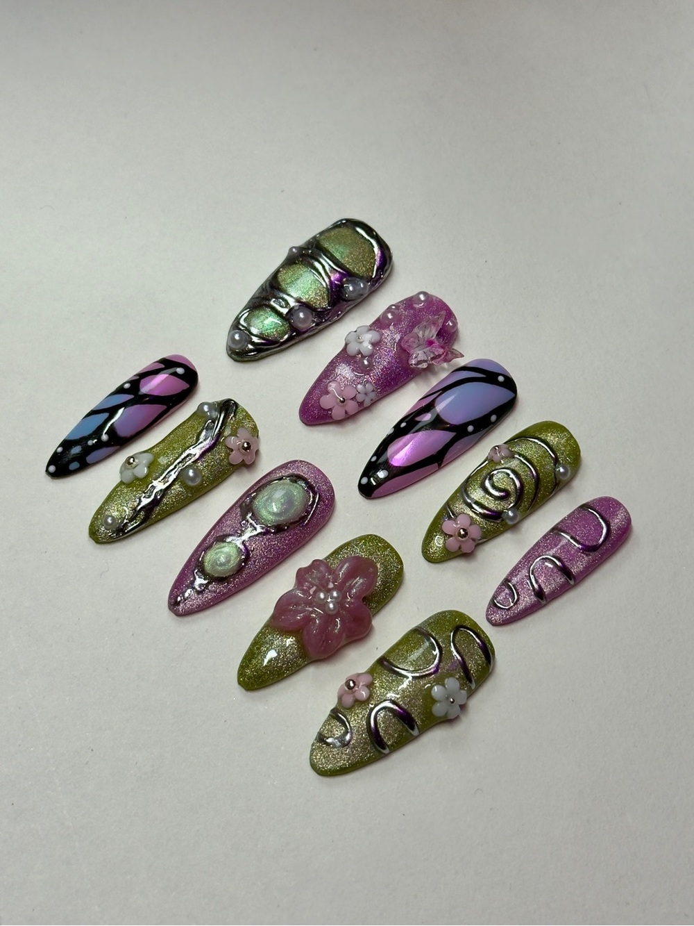 Handmade Fairy Pink & Green Stiletto Press-Ons